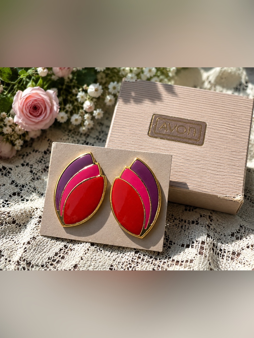 Avon Gold-Tone Red, Pink & Purple Enamel Clip-On Earrings